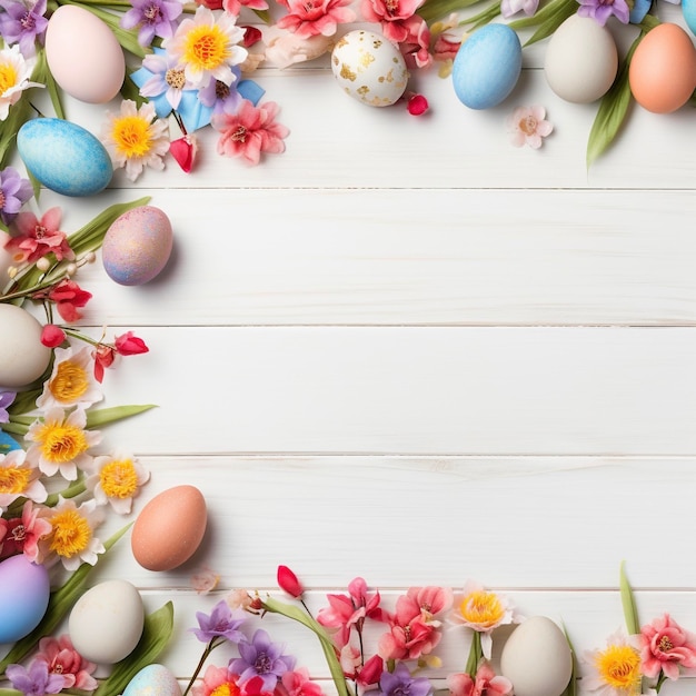 Easter eggs on a wooden background with flowers around them