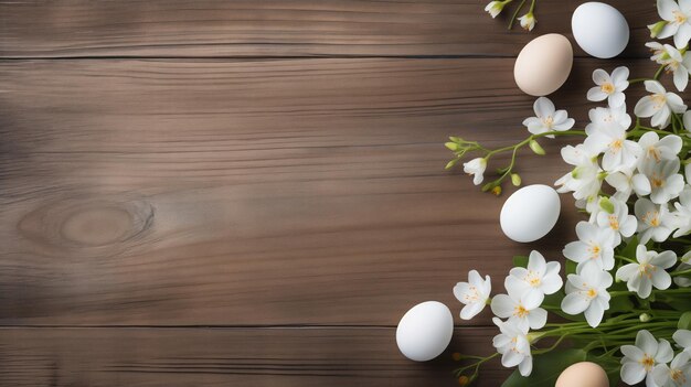 Foto uova di pasqua e sfondo di legno con fiori