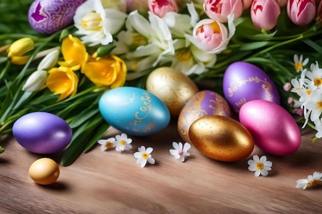 Easter eggs on a wooden background with flowers