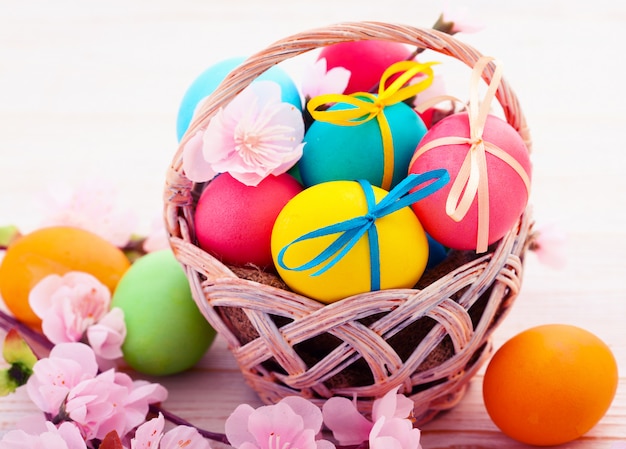 Easter eggs on wooden background