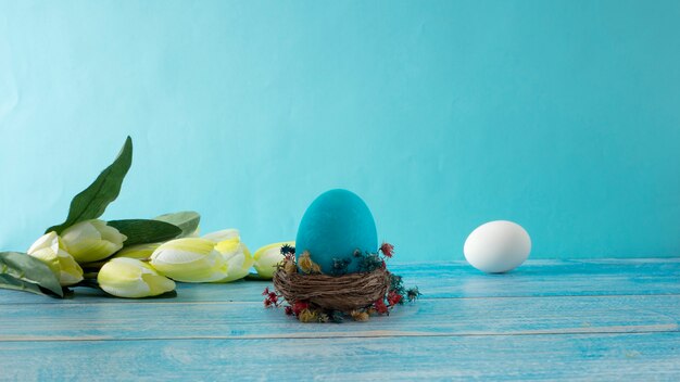 Easter eggs on wooden background 