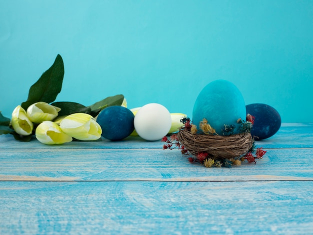 Easter eggs on wooden background 