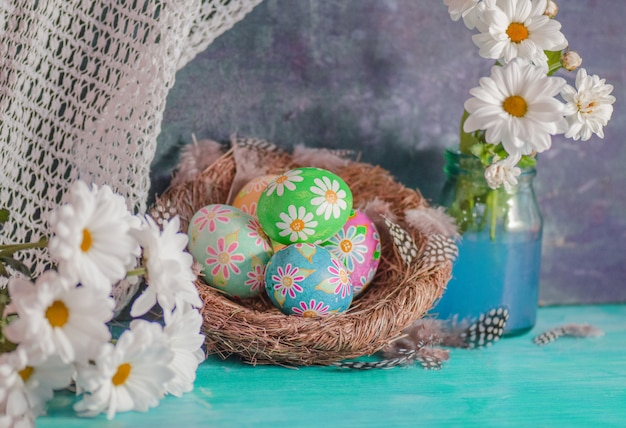 Easter eggs on wooden background