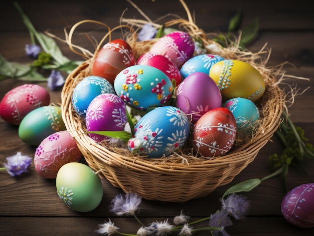 Easter eggs in a wooden basket in various colors on the wood table