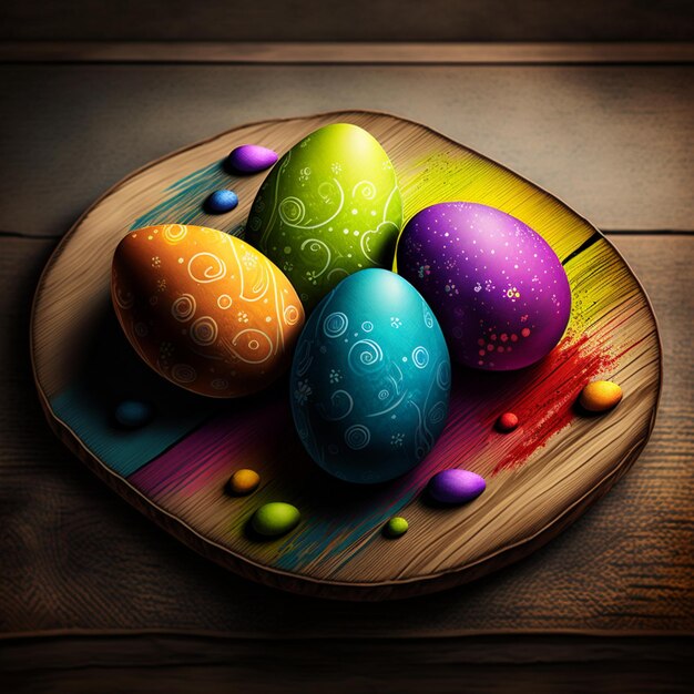 Easter eggs on wooden board