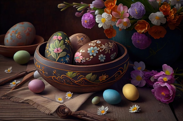 Easter eggs in a wooden bowl