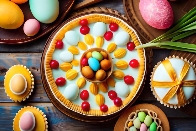 Easter eggs on a wooden table with easter eggs