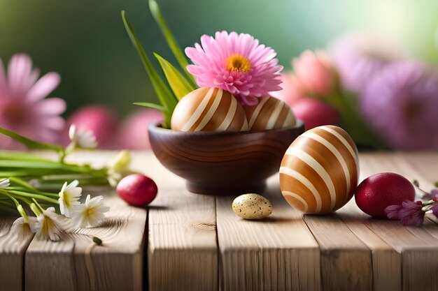 easter eggs on a wooden table with flowers and a flower