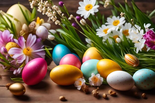 Easter eggs on a wooden table with flowers