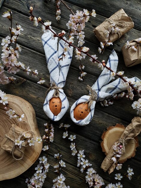 Easter eggs wrapped in a napkin in the form of an Easter bunny