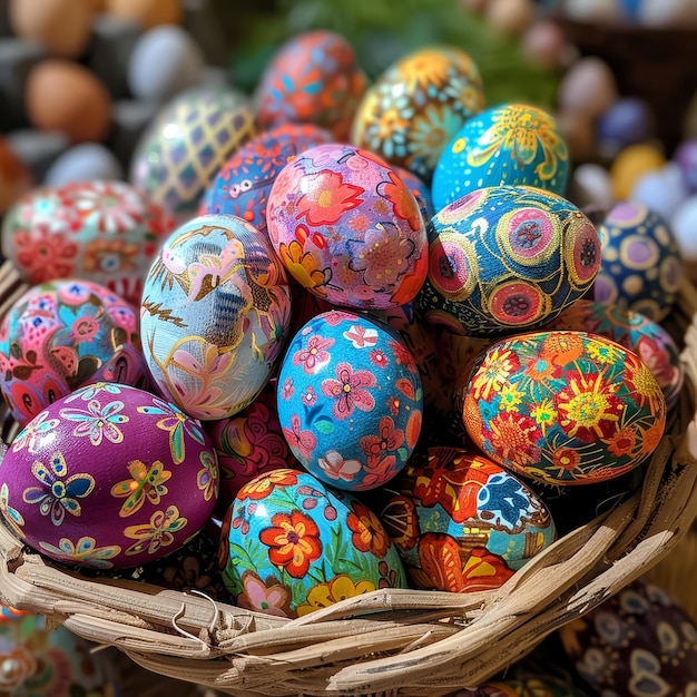 イースター・エレガンス カラフルに染められた卵が溢れるバスケット それぞれが独特の染色の証拠です