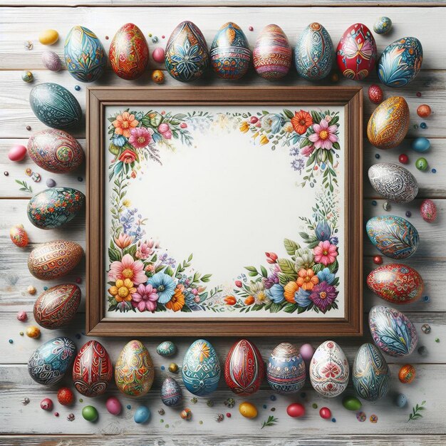 Easter Enchantment A Symphony of HandPainted Eggs Surrounding a Blank Canvas