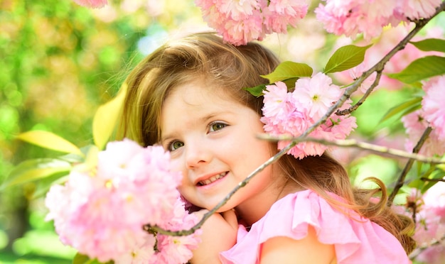 Easter face and skincare allergy to flowers Summer girl fashion Happy childhood Springtime weather forecast Small child Natural beauty Childrens day Little girl in sunny spring