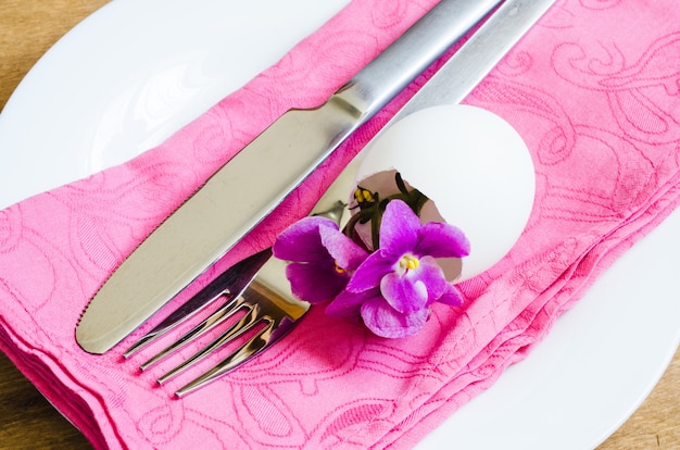 Easter Festive Table Setting With Fresh Flower.