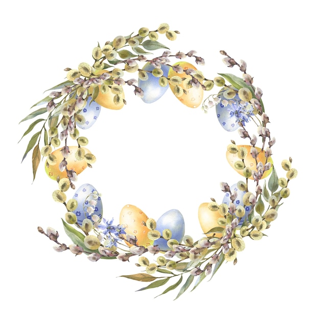 Easter floral watercolor wreath with willow and lily of the valley bouquet template hand painted