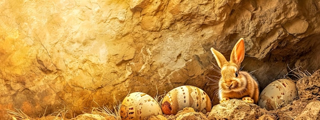 Пасхальный пушистый кролик рядом с пятнистыми яйцами в естественной пещерной обстановке, купающейся в мягком золотом свете