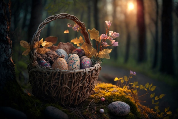 Easter in the Forest, A Colorful Basket of Eggs Amidst the Natural Beauty