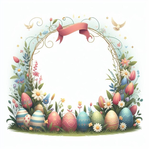 Easter frame adorned with delicately decorated eggs and flowers set against a white background