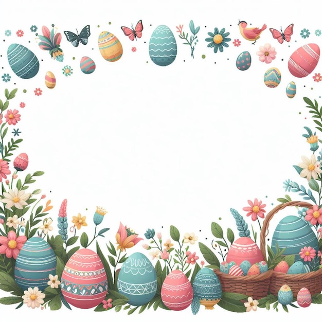 Photo easter frame adorned with delicately decorated eggs and flowers set against a white background