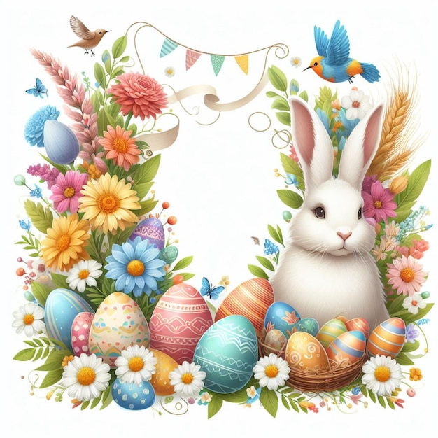 Easter frame adorned with delicately decorated eggs and flowers set against a white background