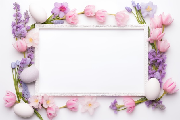 Easter frame backgrouns with copy space for text decorated with colorful eggs and spring flowers d