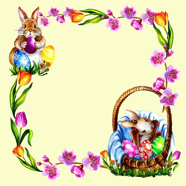 Easter frame with bunnies basket and flowers. Watercolor illustration.