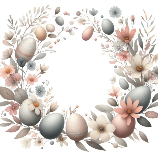 easter frame with colored eggs and flowers