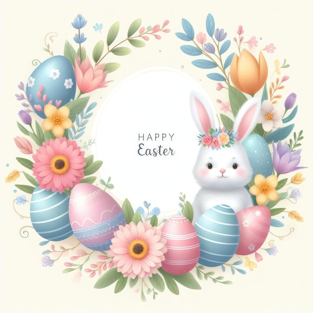 easter frame with colored eggs and flowers