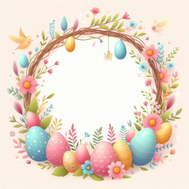 easter frame with colored eggs and flowers