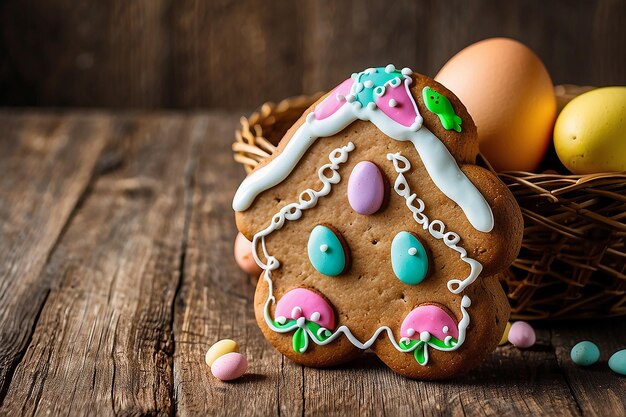 Foto biscotti di pan di zenzero di pasqua su un tavolo di legno biscotti per pasqua