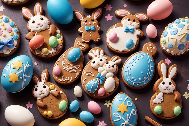 Easter gingerbread cookies Eggs and rabbits Top view