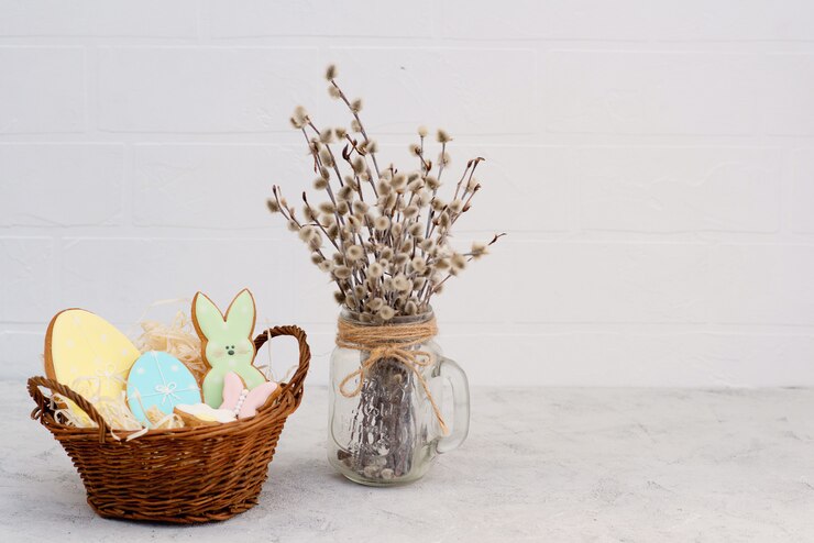 Photo easter gingerbread cookies and eggs in a vase with willow branches. egg shaped cookies.