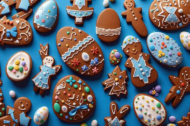 Easter gingerbread cookies top view on blue