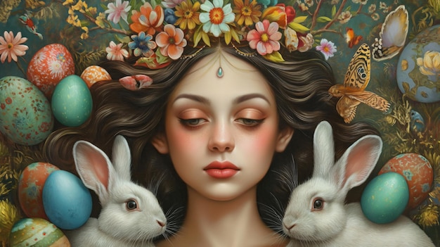 Пасхальная богиня, окруженная кроликами и красочными яйцами Портрет сияющая богиня, окружающая игривых кроликов и множество красочных яиц Аура очарования духа праздника