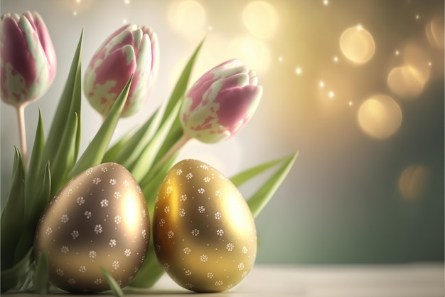 Easter golden eggs and tulips photo realistic illustration