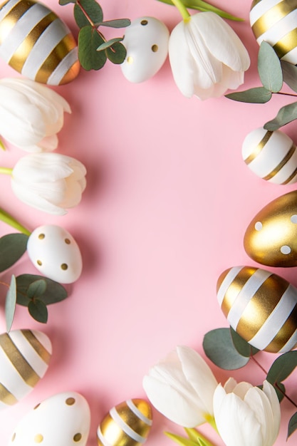 Easter golden eggs and white tulips on pink background