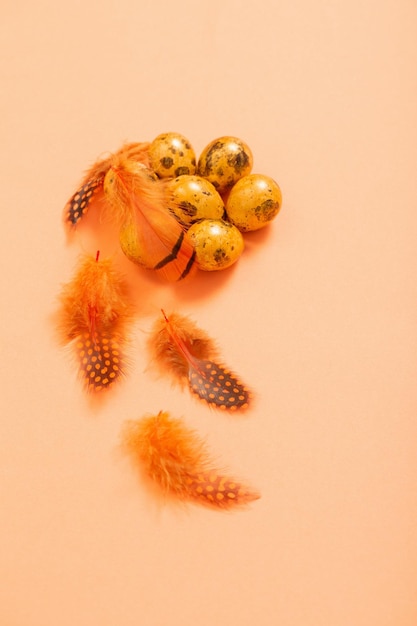 Easter golden quail eggs on pastel background