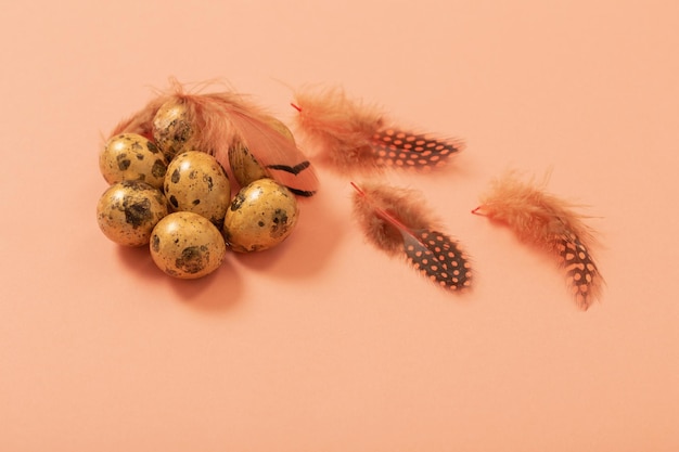 Easter golden quail eggs on pastel background