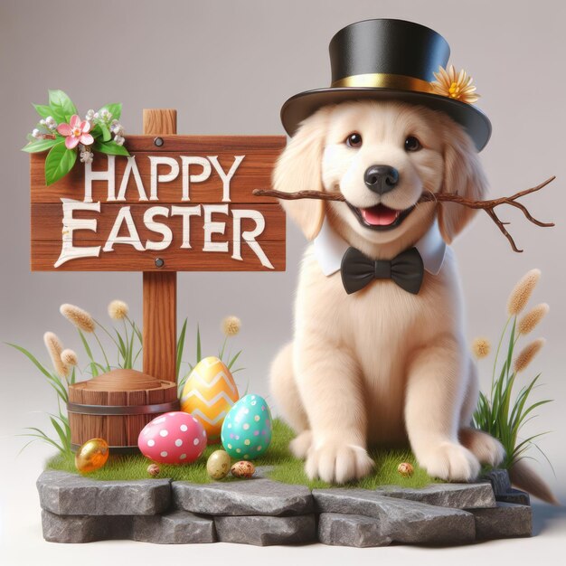 Easter golden retriever with a sign says happy easter ai generated