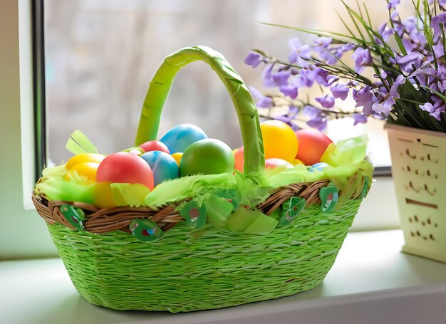 Easter green basket with plastic colored eggs on the windowsill against the background of flowers