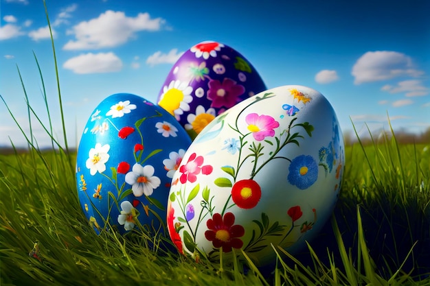 Sfondo di auguri di pasqua con uova colorate nell'erba ia generativa