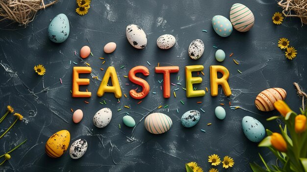 Easter greeting banner postcard with decorative eggs on black background