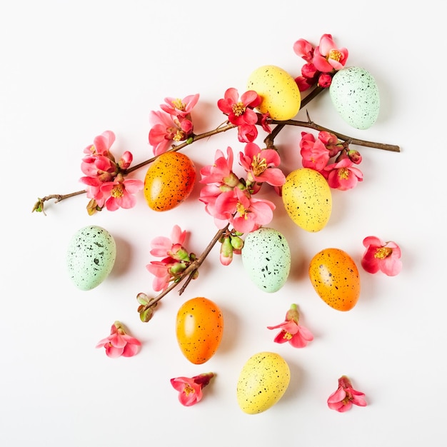 Фото Фон пасхальной открытки с японскими цветами и яйцами праздничная композиция на белом фоне весеннее расположение и элемент дизайна плоский вид сверху