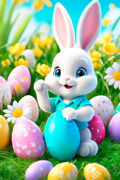 Easter greeting card Bunny colourful eggs and flowers 3d render modern illuatration