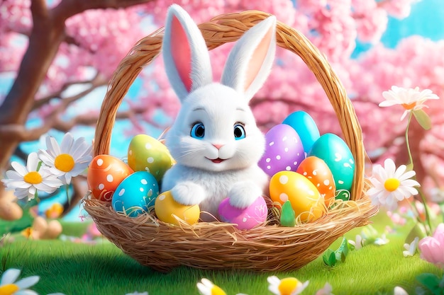 Easter greeting card Bunny colourful eggs and flowers 3d render modern illuatration