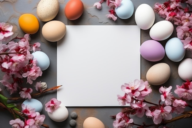 Easter Greeting card white mockup with pink flowers and pastel color eggs