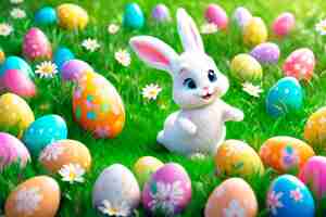 Photo easter greeting card with bunny colourful eggs and flowers 3d render modern illuatration