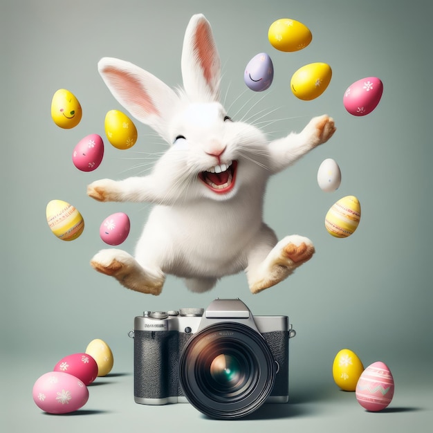 Пасхальная открытка с комической фотосессией веселый смеющийся зайчик жонглирует цветными пасхальными яйцами