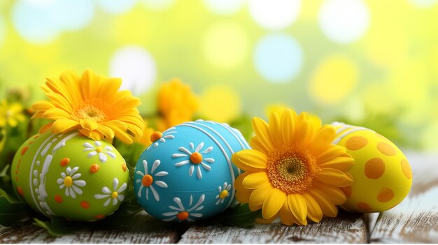 Easter greeting card with painted Easter eggs on wood with flowers on blurred background free space