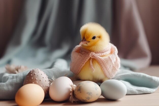 Easter greeting card with pastel colored Easter eggs and cute chick